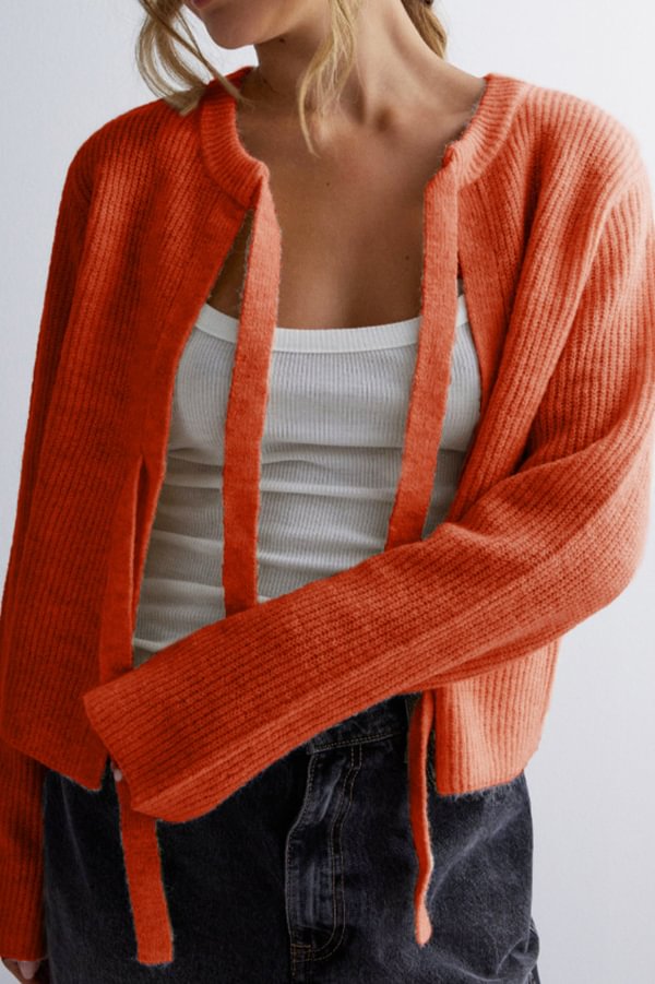 Color Loose Long Sleeve Lace-up Knitted Cardigan