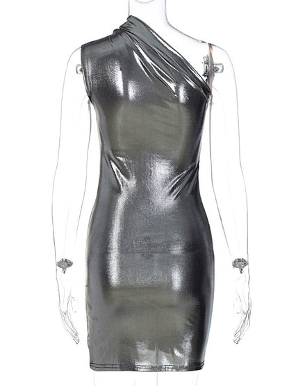 Skinny Asymmetric Shiny Color Split-joint One-shoulder Evening Dresses Mini Dresses