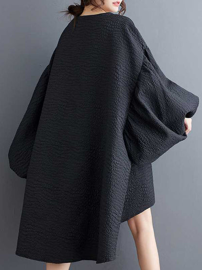 High-low Long Sleeves Elasticity Color Split-joint Round-neck Midi Dresses