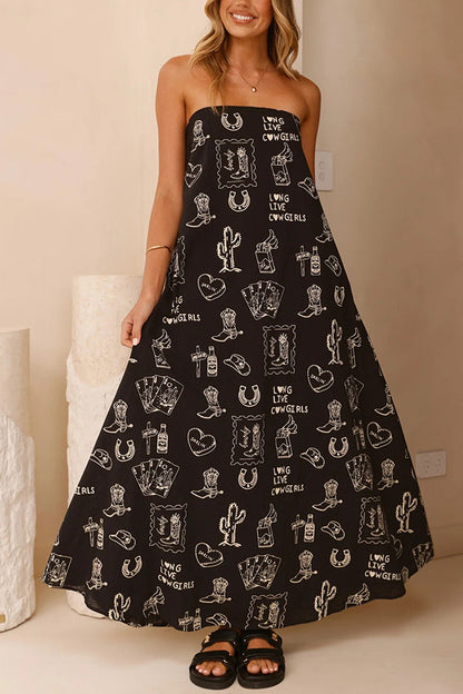Unique Print Strapless Open Back Full Hem Maxi Dress