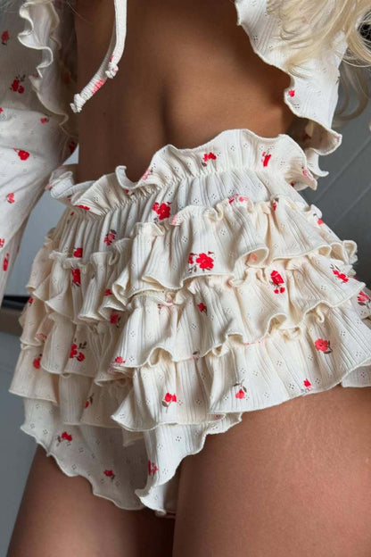 Knitted Short Long Sleeve Shorts Loungewear Two Piece Set