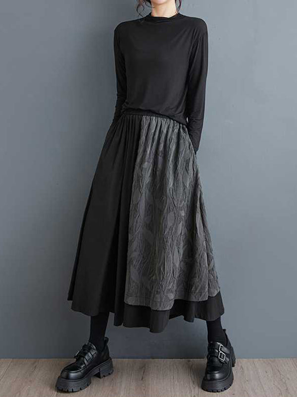 Black Loose High Waisted Pockets Patchwork Jacquard Texture Wide Leg Pants Culotte Ws002