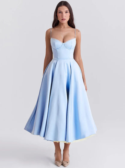 A-line Backless Midi Dress for Spaghetti Strap Sleeveless Loose Club Party Dress New