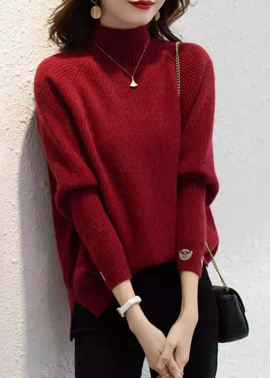 Organic Red Print Turtleneck Cotton Knit Sweaters Fall Qp045