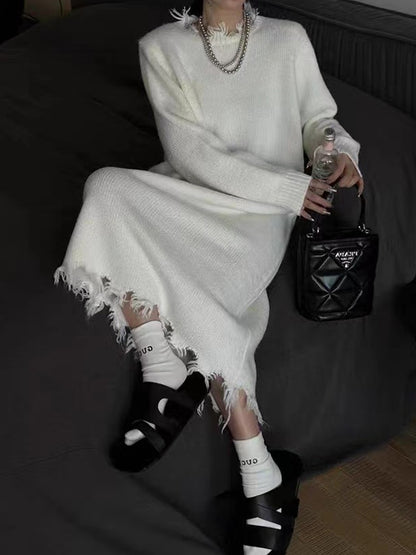 High Waisted Long Sleeves Fringed Color Round-neck Midi Dresses Sweater Dresses