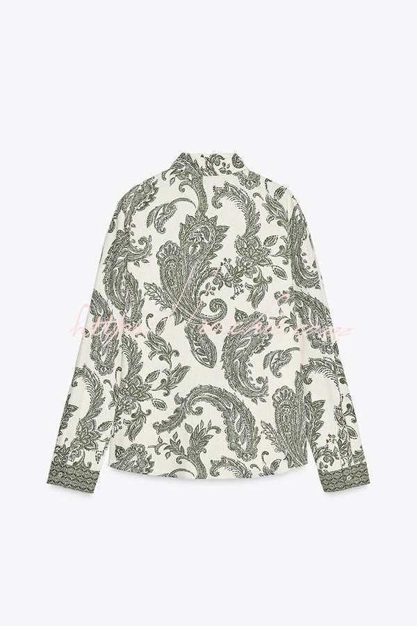 Blend Into Leaves Linen Blend Unique Print Long Sleeve Blouse and Wrap Tie-up Mini Skirt Set