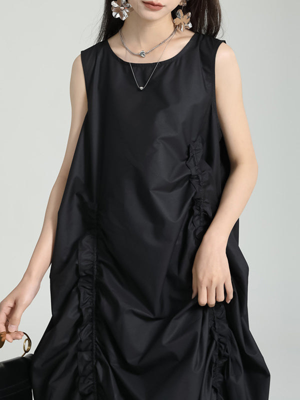 Loose Sleeveless Asymmetric Elasticity Pleated Color Round-neck Midi Dresses