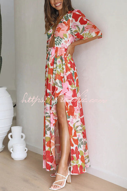 Del Mare Puff Sleeve Front Cutout High Low Maxi Dress