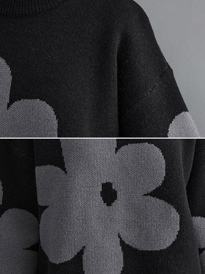 Loose Black Round-neck Contrast Color Flower Long Sleeve Sweater An1070