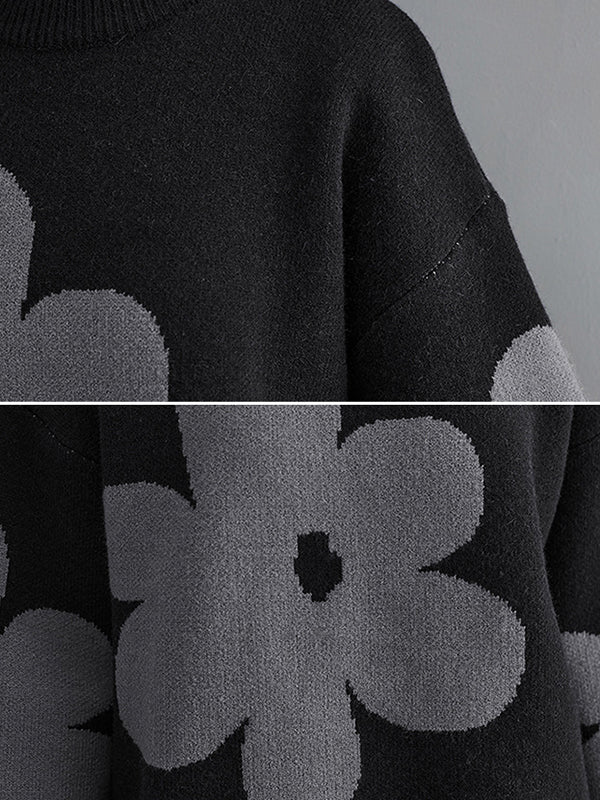 Loose Black Round-neck Contrast Color Flower Long Sleeve Sweater An1070