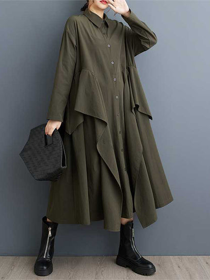 A-line Long Sleeves Buttoned Pockets Ruffle Trim Color Lapel Midi Dresses