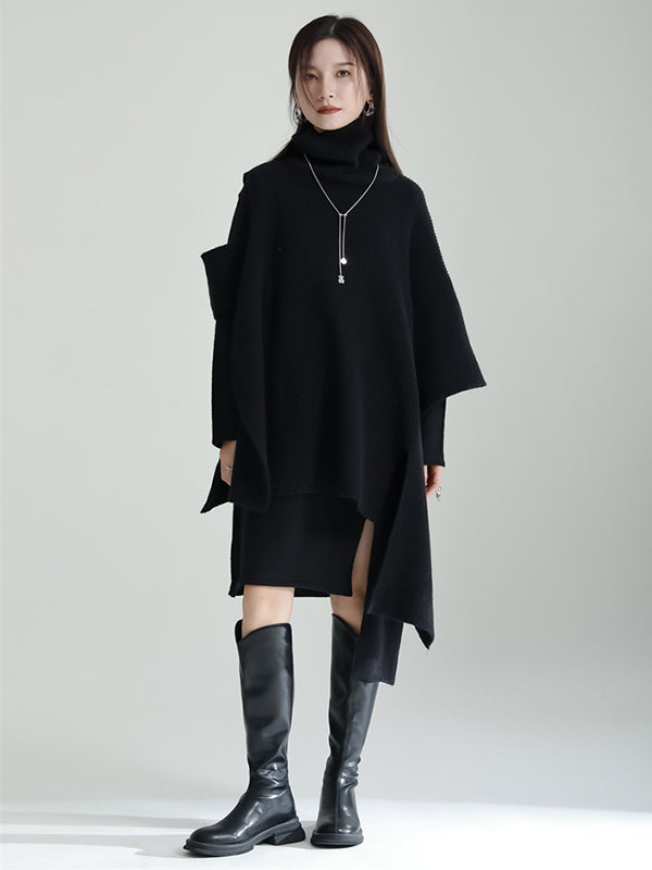 Long Sleeves Loose Color High-neck Shawl&sweater Dresses Two Pieces Set