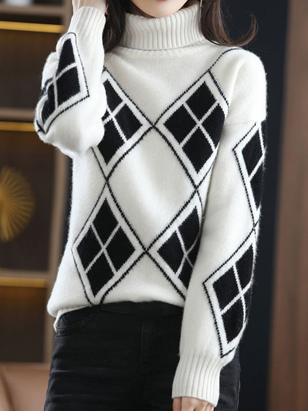 Red High-neck Contrast Color Plaid Long Sleeves Sweater Qx014