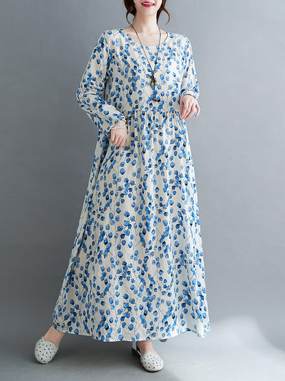 Long Sleeves Loose Flower Print Split-joint Round-neck Midi Dresses