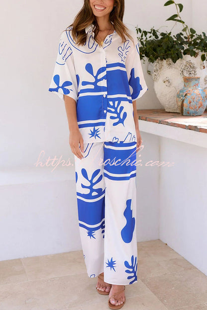 The Beach Unique Color Block Print Button Up Shirt and Elastic Waist Pants Set