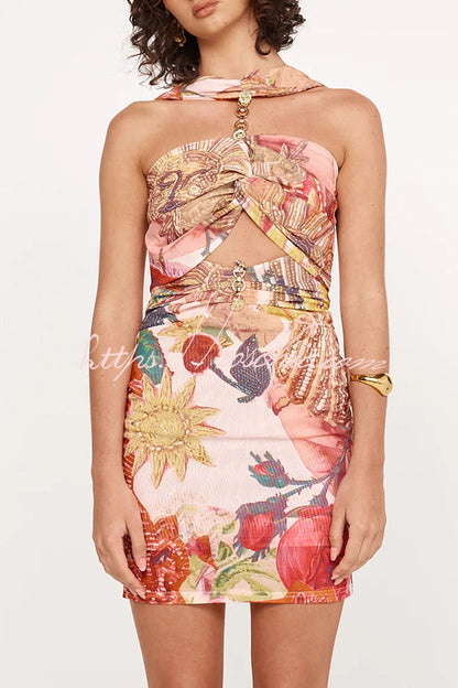 Geneva Mesh Rosette Hardware Cutout Ruched Stretch Mini Dress