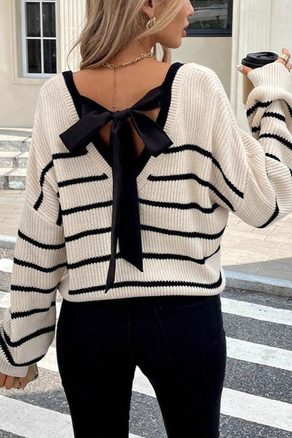 Striped V Neck Back Bow Long Sleeve Knit Sweater
