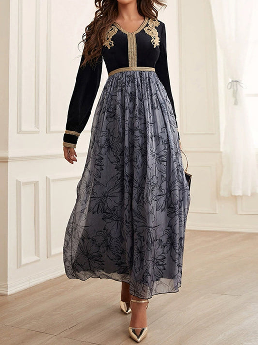 A-line High Waisted Embroidered Flower Print Split-joint V-neck Maxi Dresses