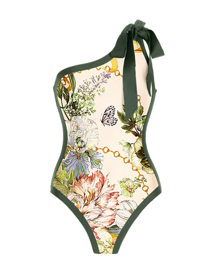 One Shoulder Print One Piece Swimsuit and Skirt
