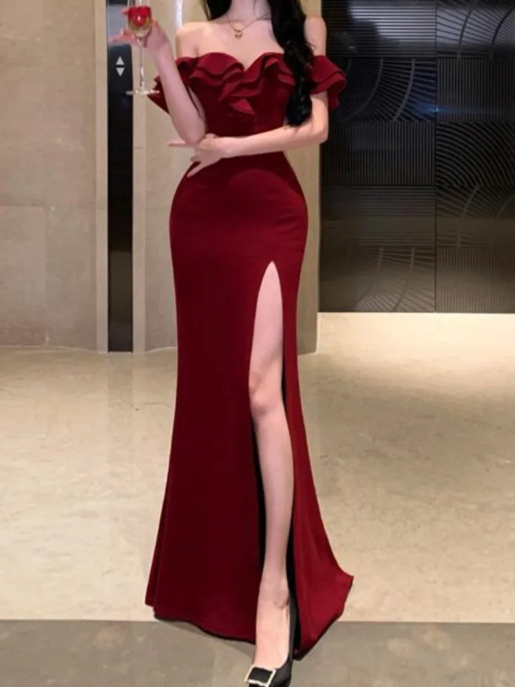Bodycon Long Dresses for Wedding Evening Party Prom Robe Ruffles Slash Neck High Split Hollow Out Summer New Vestido