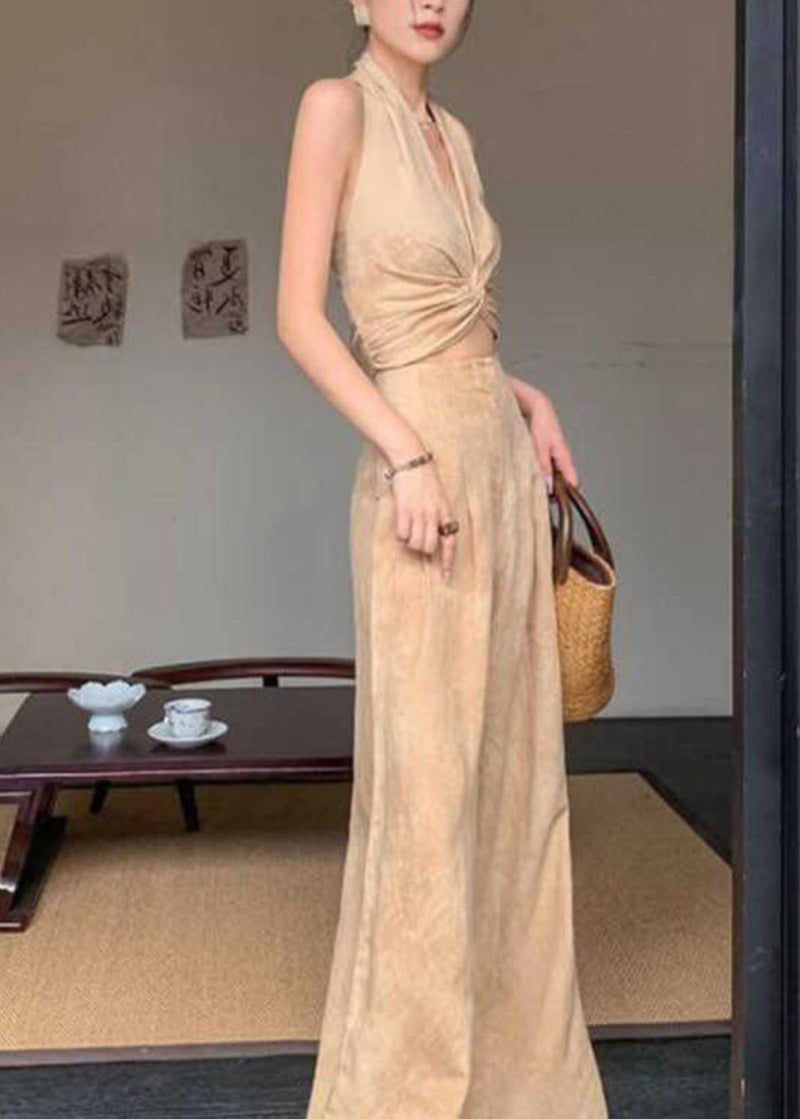 Original Design Halter Print Wrinkled Vest and Wide Leg Pants Two Pieces Set Sleeveless An1008
