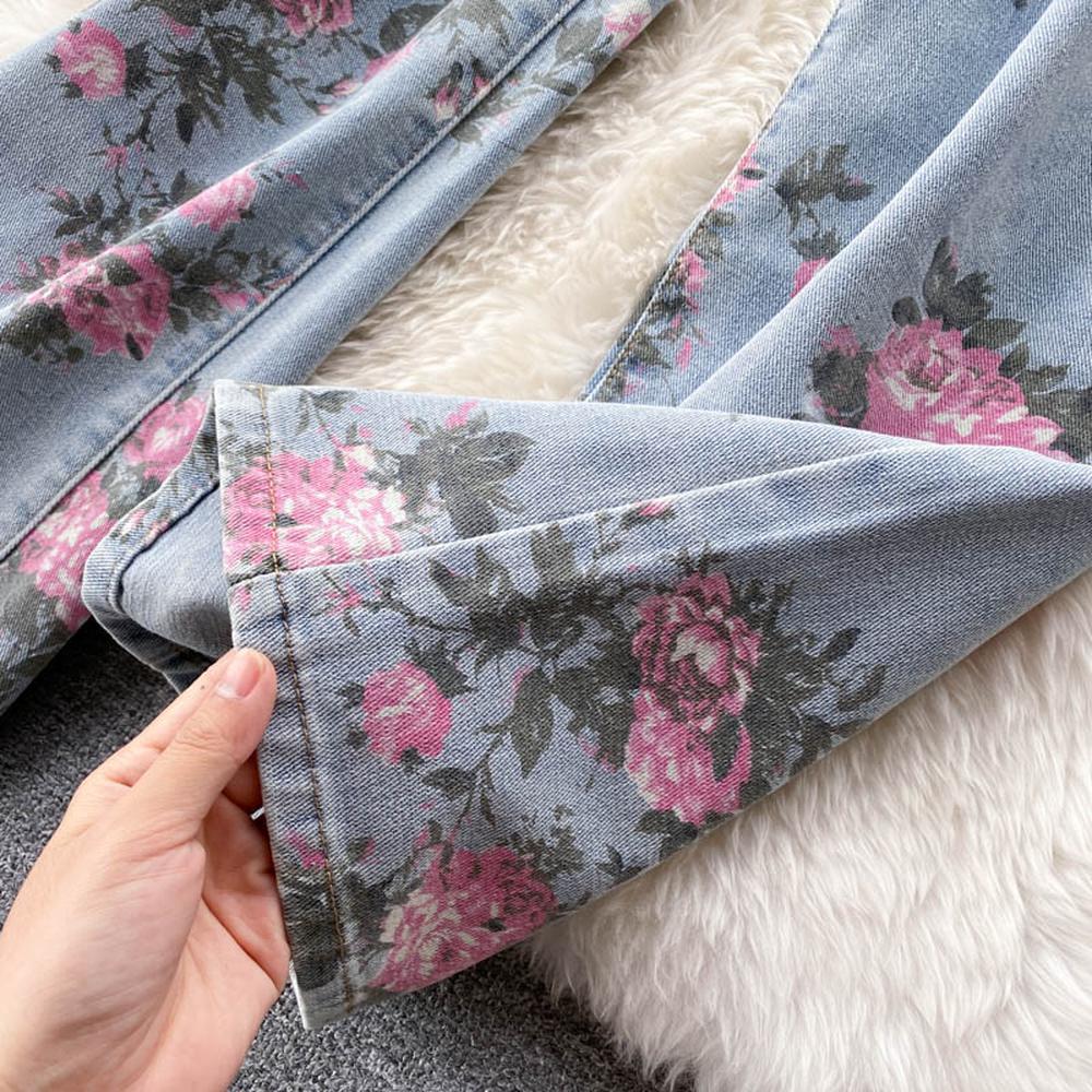 Blue Rose Print Wide Leg Denim Pants Ar1016