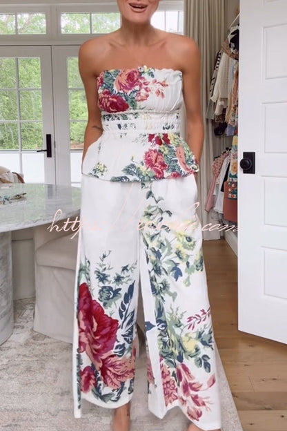 In to the Summer Linen Blend Print Elastic Bandeau and Elastic Waist Pocket Loose Pants Set