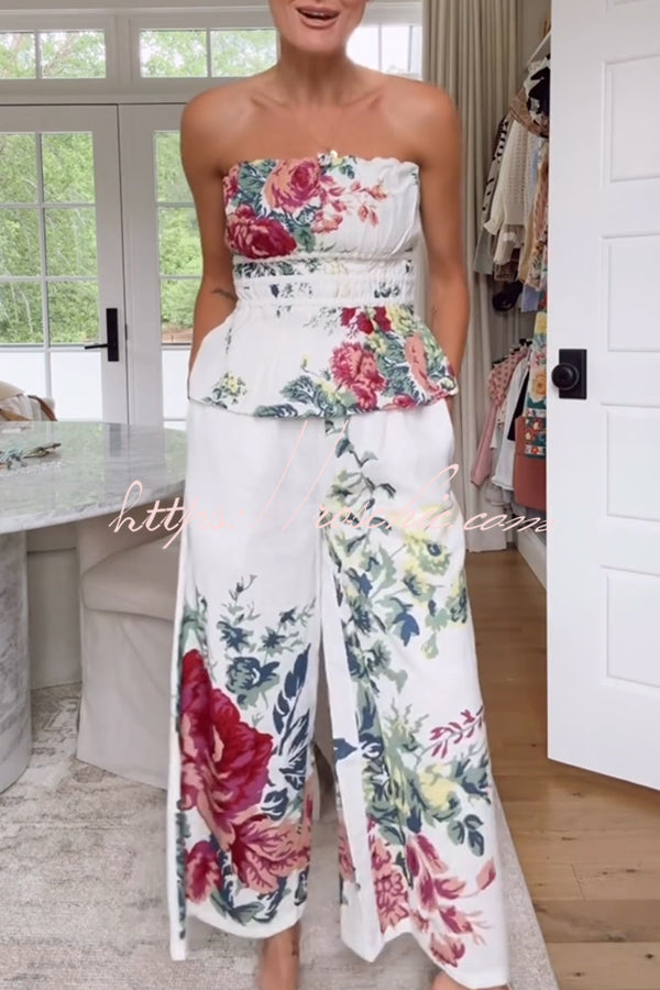 In to the Summer Linen Blend Print Elastic Bandeau and Elastic Waist Pocket Loose Pants Set