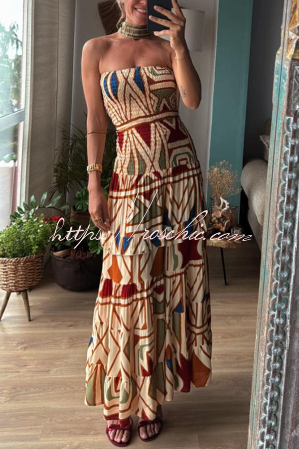 Style Unique Print Tube Top Pleated Maxi Dress