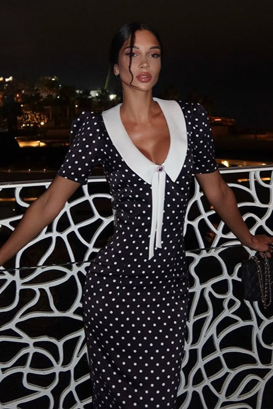 Polka Dot V-neck Puff Sleeve Bodycon Maxi Dress