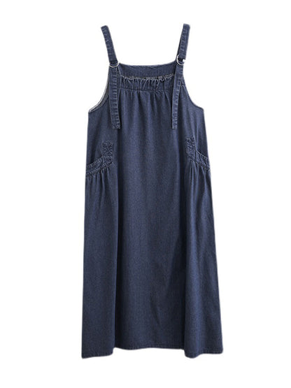 Loose Artistic Retro Color Strap Denim Midi Dress