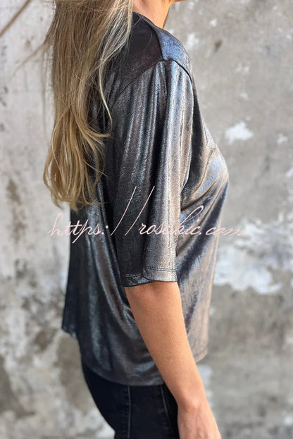 Metallic Color Round Neck Short-sleeved Loose T-shirt