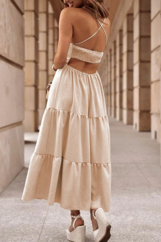 Oatmeal Crossover Backless Bodice Tiered Maxi Dress