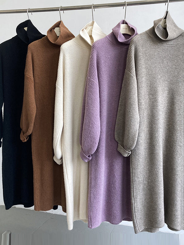 Urban Loose Purple High-neck Long Puff Sleeve Sweater Dress An1052