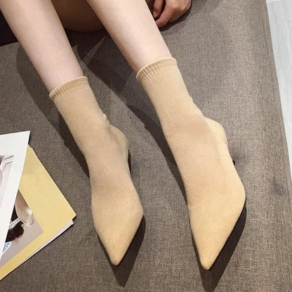 Autumn Winter Cozy Low Thin Heels Knitting Stretch Fabric Ankle Sock Boots Pointed Toe Shoes Botas Mujer