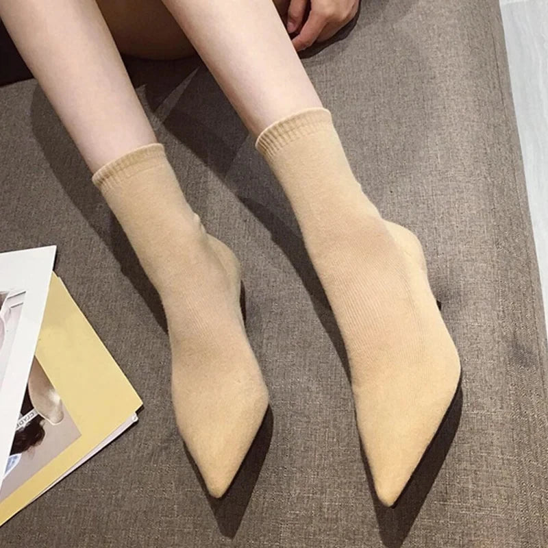 Autumn Winter Cozy Low Thin Heels Knitting Stretch Fabric Ankle Sock Boots Pointed Toe Shoes Botas Mujer