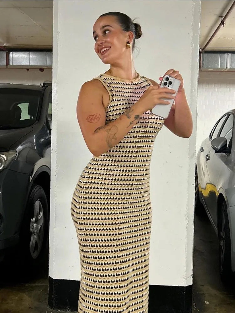 Striped See-through Long Dress Female Sleeveless High Waist Patchwork Beach Dress Knit Maxi Dress Summer