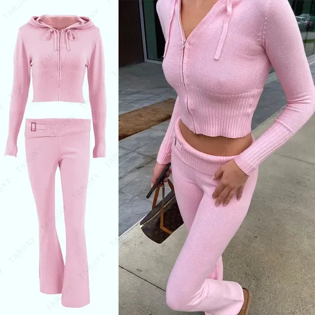 New Knitted Hoodie Cropped Top and Pants Sets White Y2k Outfits Low Waist Knit Two Piece Sets for Tracksuit