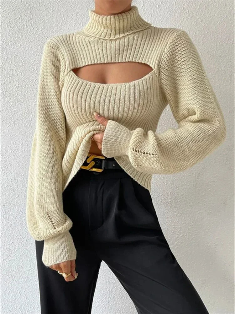 Hollow Out Knit Sweater Pullover for Turtleneck Ribbed High Street Long Sleeve Knitwear Loose Sweater Female