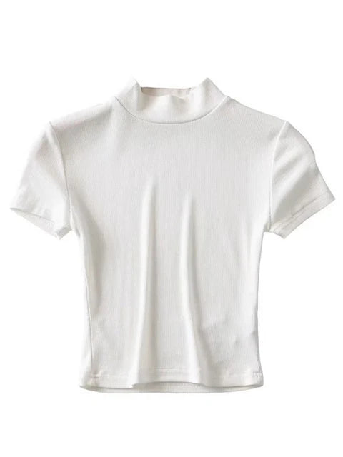 High Neck Fitted Short Sleeve T-shirt Rib Crop Rib Top