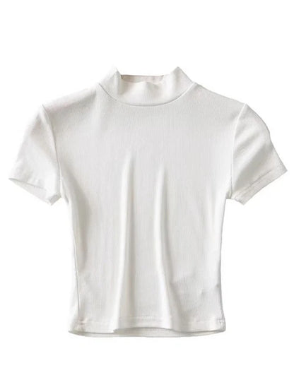 High Neck Fitted Short Sleeve T-shirt Rib Crop Rib Top