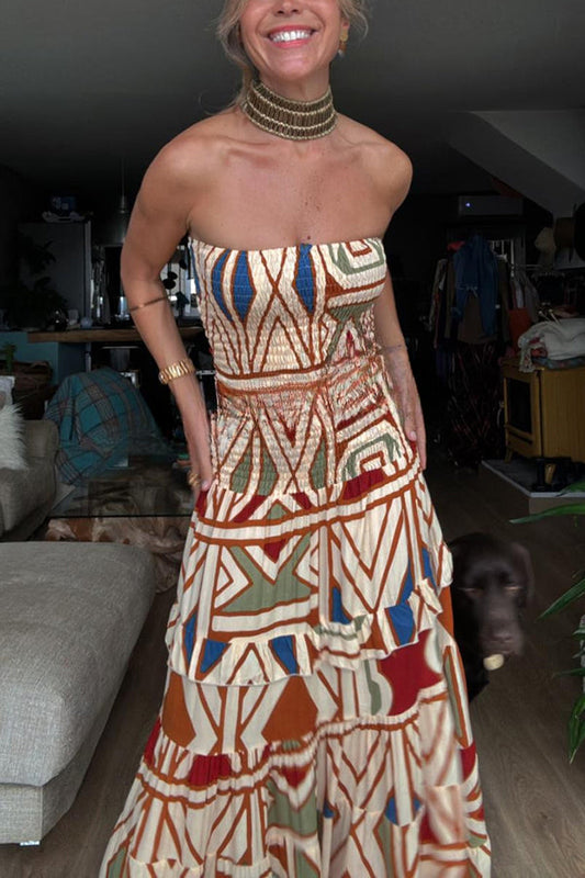 Style Unique Print Tube Top Pleated Maxi Dress