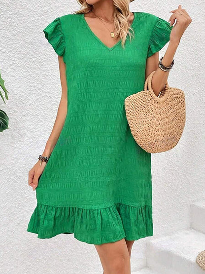 Loose Ruffle Sleeves Pleated Color Split-joint V-neck Mini Dresses
