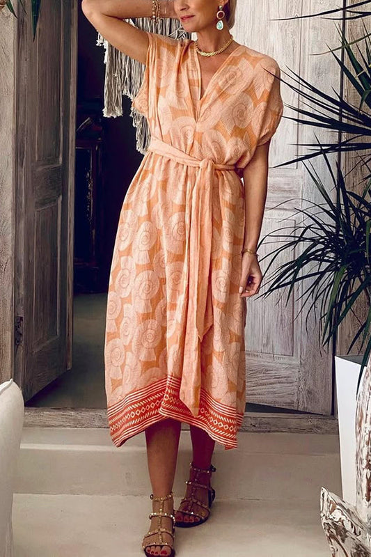 Conch Print V-neck Lace-up Beach Midi Dress