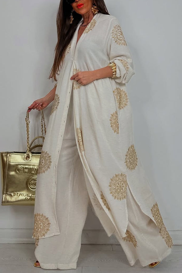 Unique Printed V-neck Long Sleeve Long Shirt and Elastic Waist Pocket Wide Leg Pants Set