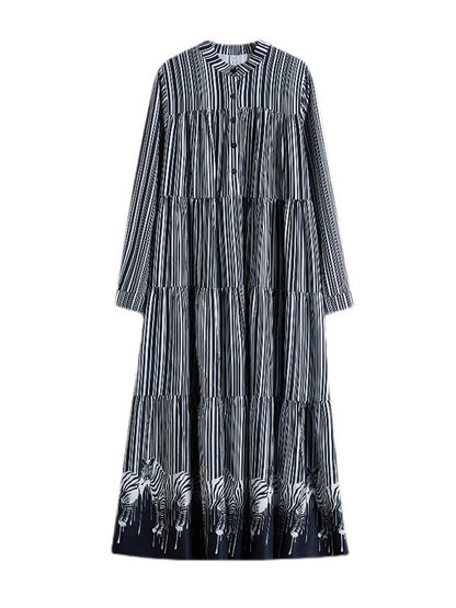 Loose Striped Buttoned Stand Collar Long Sleeves Midi Dress