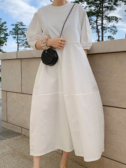 Round-neck Bishop Sleeve Loose Color Midi Dress