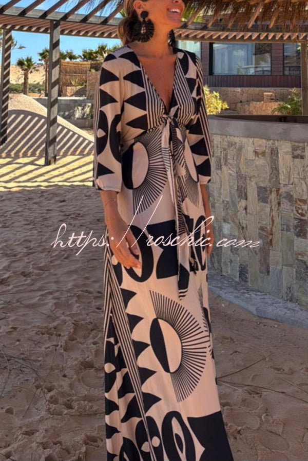 Unique Print V-neck Tie Loose Pocket Maxi Dress