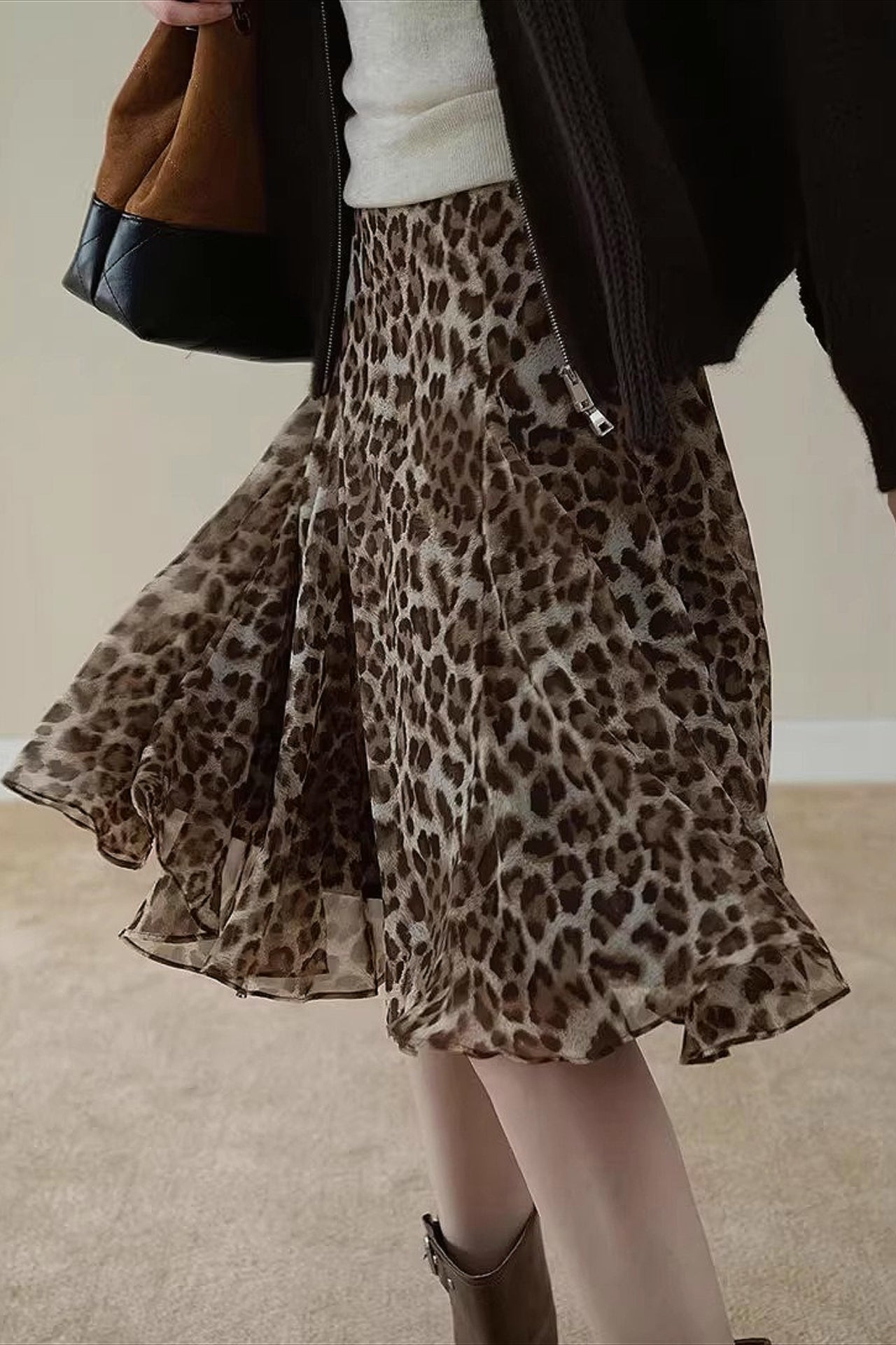 Leopard Draped Ruffled a Line Midi Skirt
