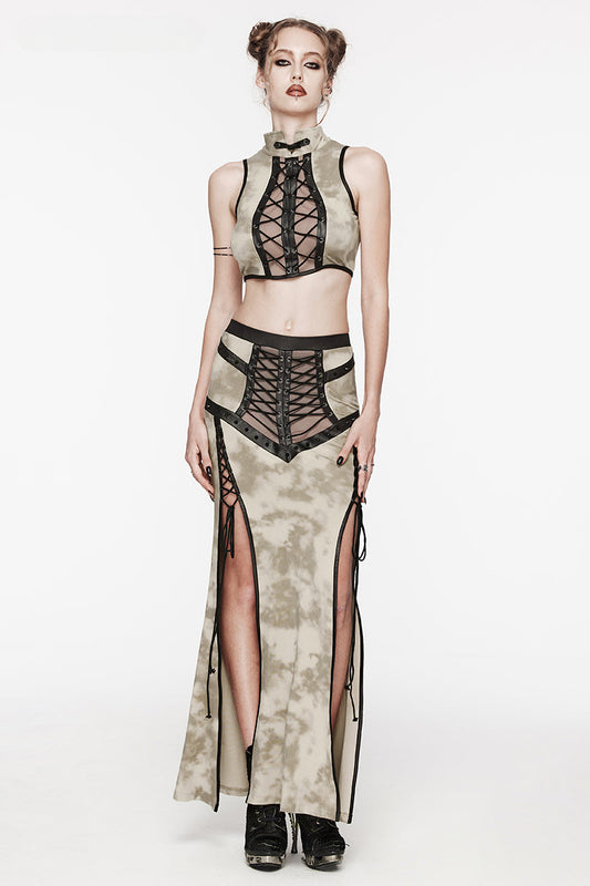 Daily See-through Mesh Drawstring Rope Slit Gothic Personalized Long Skirt